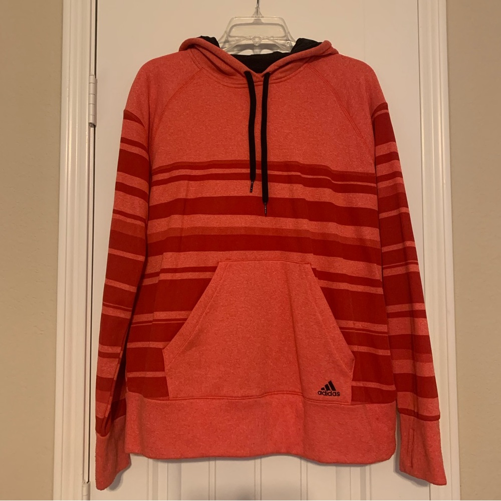 Adidas Ultimate Hoodie l Salmon/Red Horizontally Striped Sweatshirt l Size: XL